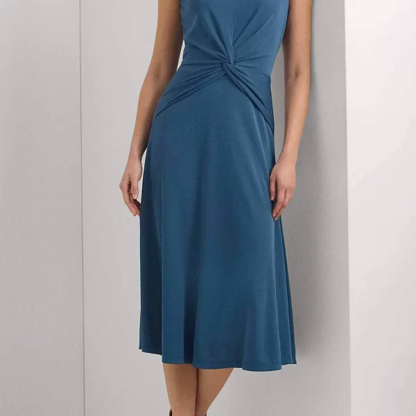 Lauren Ralph Lauren γυναικείο midi φόρεμα μονόχρωμο με στριφτή λεπτομέρεια μπροστά - 250872090009 Μπλε