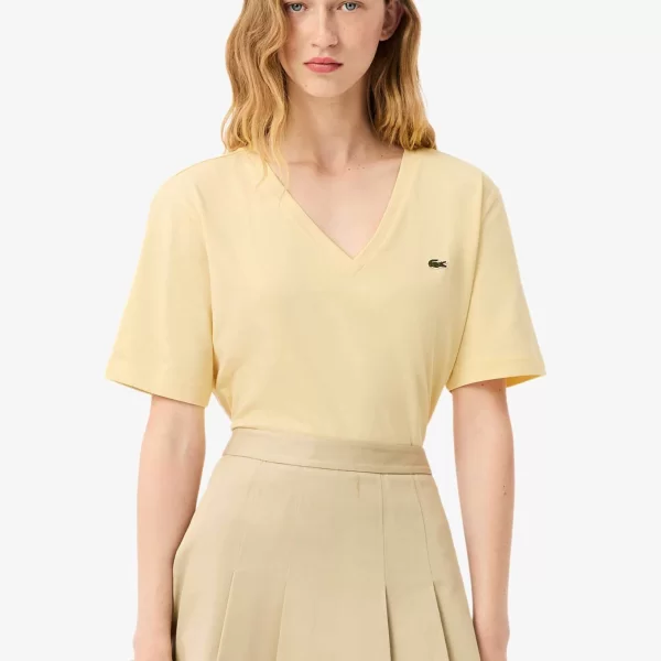 Lacoste Lacoste γυναικείο T-shirt με κεντημένο λογότυπο και V λαιμόκοψη Relaxed Fit - TF7300 Κίτρινο Ώχρα