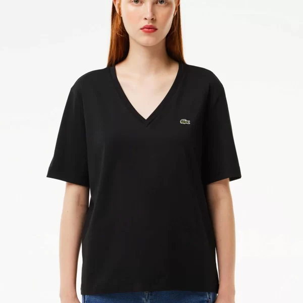 Lacoste Lacoste γυναικείο T-shirt με κεντημένο λογότυπο και V λαιμόκοψη Relaxed Fit - TF7300 Μαύρο