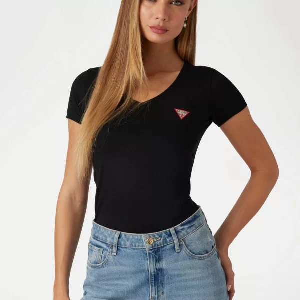 Guess γυναικείο βαμβακερό T-shirt μονόχρωμο με τριγωνικό λογότυπο στο στήθος - W2YI45J1314 Μαύρο