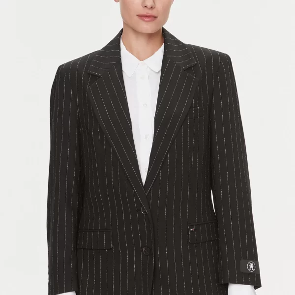 Tommy Hilfiger γυναικείο σακάκι με ριγέ σχέδιο και monogram logo patch Oversized Fit - WW0WW40498 Μαύρο