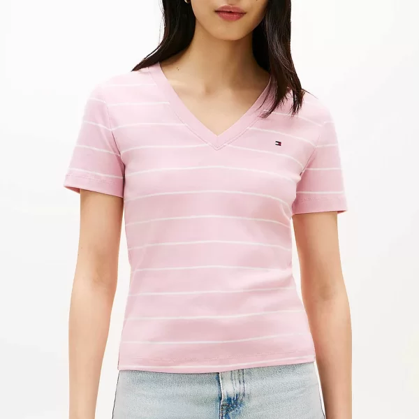 Tommy Hilfiger γυναικείο T-shirt με V λαιμόκοψη και κεντημένο λογότυπο Slim Fit - WW0WW40584 Ροζ Pastel