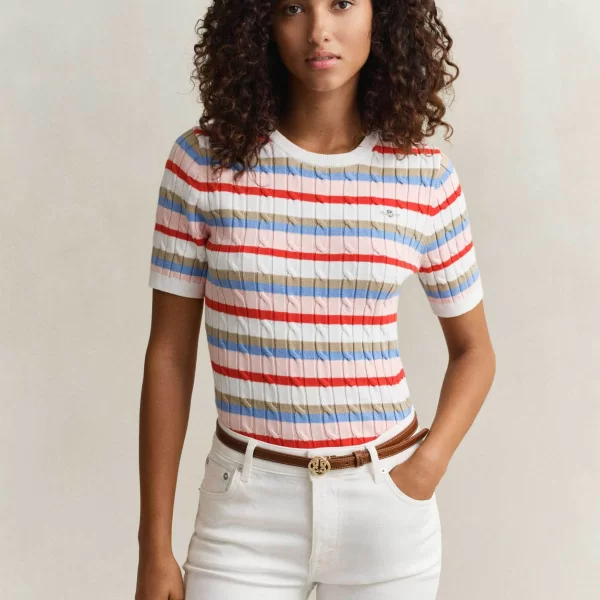 Gant γυναικεία πλεκτή μπλούζα με ριγέ σχέδιο και cable knit pattern Slim Fit - 4800109 Πολύχρωμο