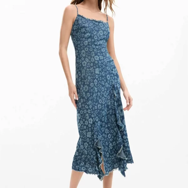 Desigual γυναικείο midi denim αμάνικο φόρεμα με ασύμμετρο τελείωμα 