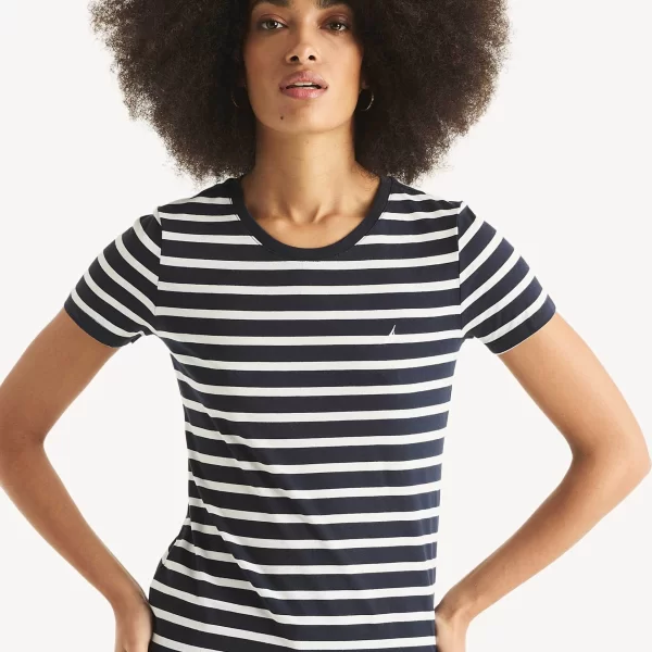 Nautica γυναικείο T-shirt με ριγέ σχέδιο και κεντημένο λογότυπο Classic Fit - 37V010 Μπλε Σκούρο
