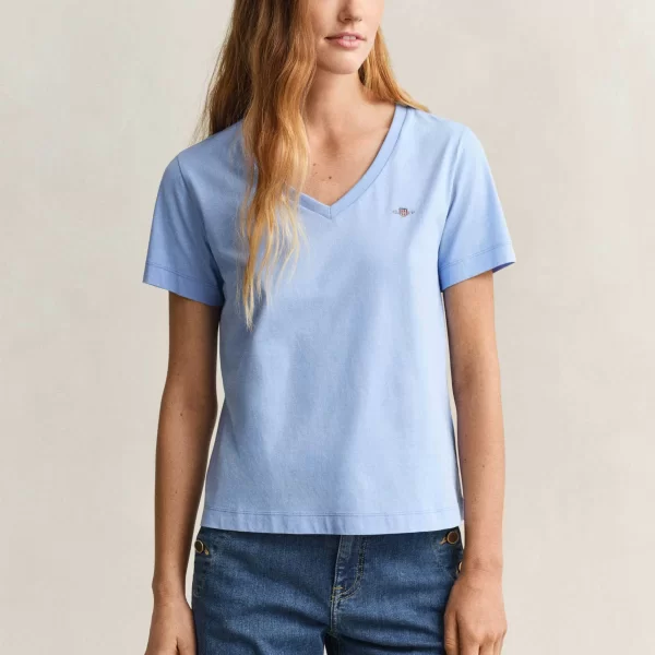GANT Gant γυναικείο T-shirt με V και κεντημένο λογότυπο Regular Fit - 4200750 Γαλάζιο