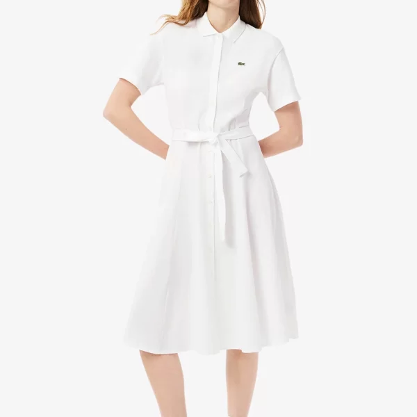 Lacoste Lacoste γυναικείο midi φόρεμα πόλο σεμιζιέ πικέ με κεντημένο λογότυπο Flared Cut - EF9621-00 Λευκό