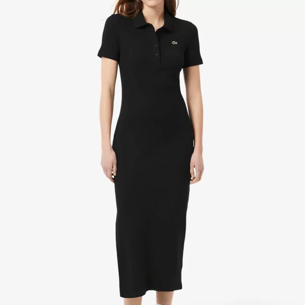 Lacoste γυναικείο midi φόρεμα πόλο ribbed με κεντημένο λογότυπο Slim Fit - EF9622-00 Μαύρο