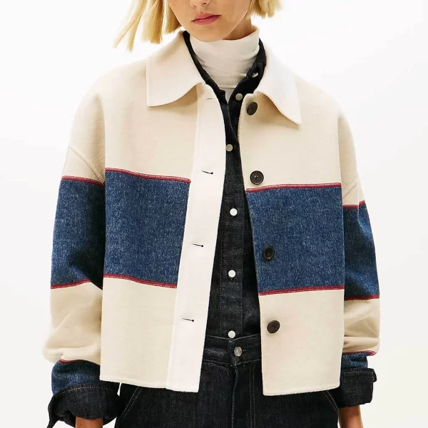 Tommy Hilfiger γυναικείο jacket cropped με rugby stripe pattern Oversized Fit - WW0WW47743 Κρέμ
