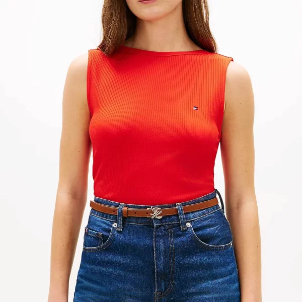 Tommy Hilfiger γυναικεία αμάνικη μπλούζα ribbed με κεντημένο λογότυπο Slim Fit - WW0WW47807 Κόκκινο