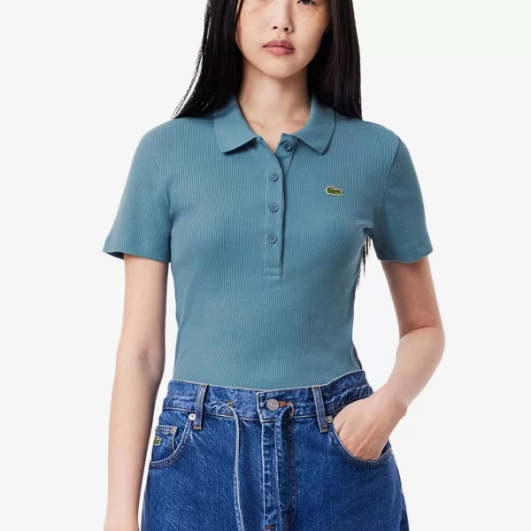 Lacoste γυναικεία μπλούζα πόλο ribbed με κεντημένο λογότυπο Slim Fit - DF5377 Μπλε Ανοιχτό