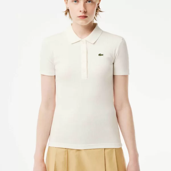 Lacoste γυναικεία μπλούζα πόλο ribbed με κεντημένο λογότυπο Slim Fit - DF5377 Λευκό