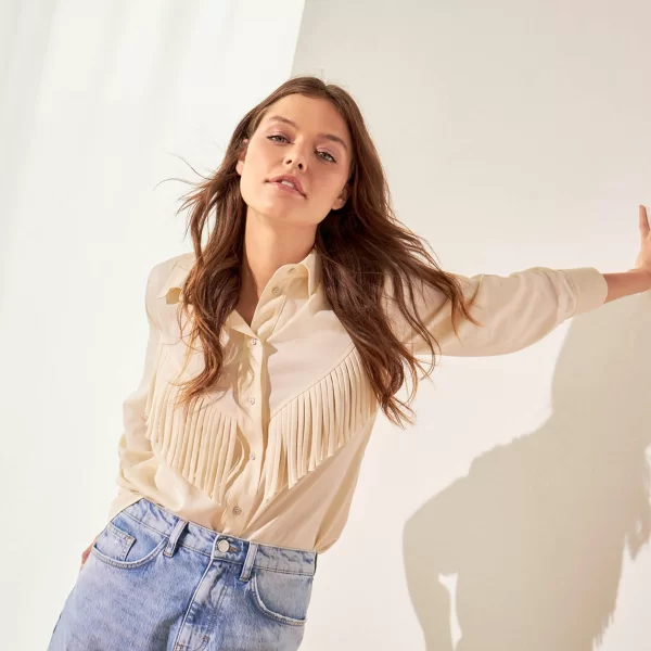 Orsay γυναικείο πουκάμισο μονόχρωμο με κρόσσια - 600215-029000 Εκρού