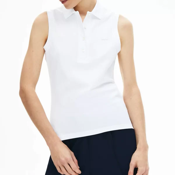 Lacoste γυναικεία μπλούζα πόλο αμάνικη πικέ με κεντημένο λογότυπο Slim Fit - PF5445 Λευκό