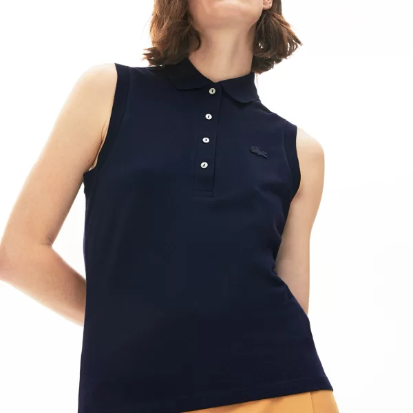 Lacoste γυναικεία μπλούζα πόλο αμάνικη πικέ με κεντημένο λογότυπο Slim Fit - PF5445 Μπλε Σκούρο