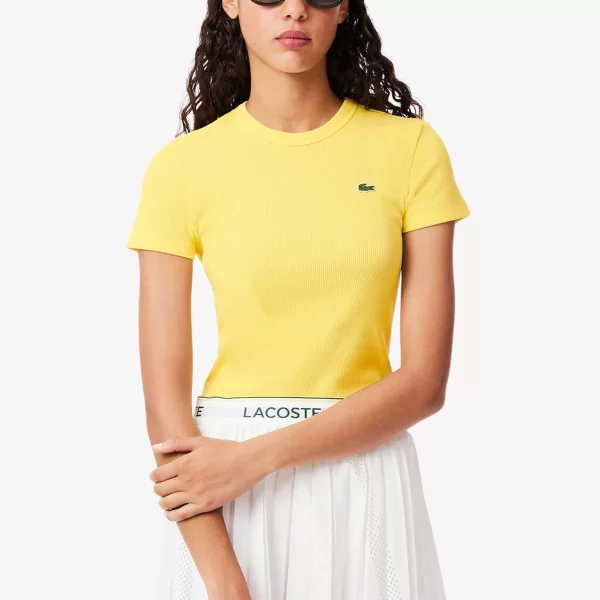 Lacoste γυναικείο T-shirt ribbed με κεντημένο λογότυπο Slim Fit - TF5538 Κίτρινο Ανοιχτό