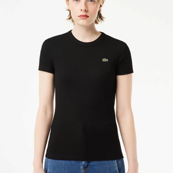 Lacoste γυναικείο T-shirt ribbed με κεντημένο λογότυπο Slim Fit - TF5538 Μαύρο