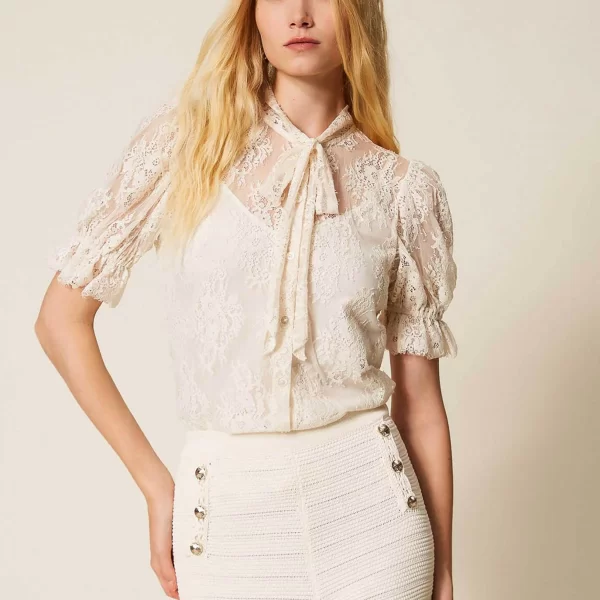 Twinset γυναικεία μπλούζα δαντέλα με φιόγκο - 261TP2625 Εκρού