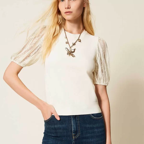 Twinset γυναικεία μπλούζα με μανίκια δαντέλα - 261TP3431 Εκρού