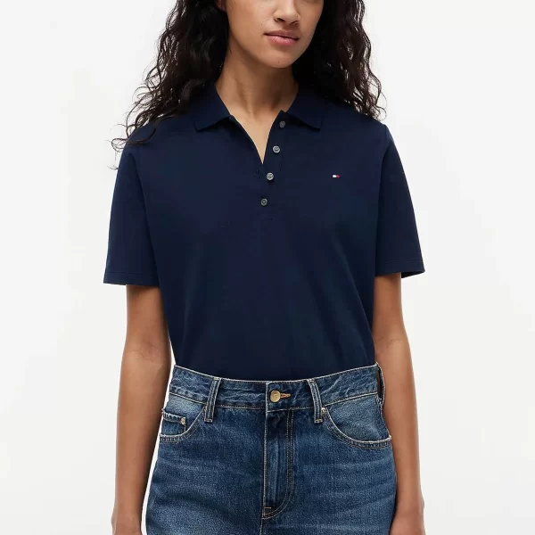 TOMMY HILFIGER Tommy Hilfiger γυναικεία μπλούζα πόλο πικέ με κεντημένο logo flag Regular Fit - WW0WW43224 Μπλε Σκούρο