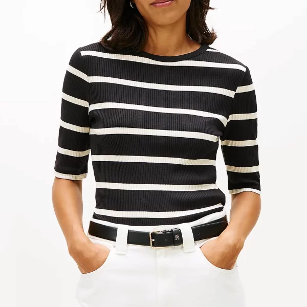 Tommy Hilfiger γυναικεία κοντομάνικη μπλούζα ribbed Slim Fit - WW0WW47308 Μαύρο