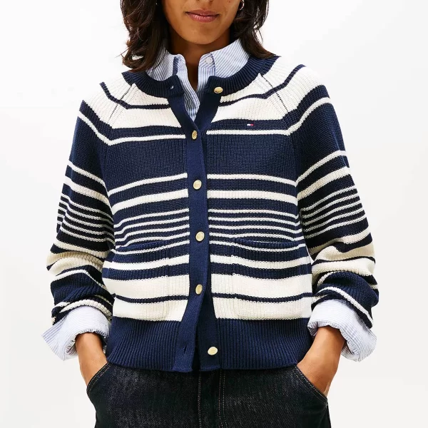 Tommy Hilfiger γυναικεία πλεκτή ζακέτα με ριγέ σχέδιο και κεντημένο logo flag Relaxed Fit - WW0WW48795 Μπλε Σκούρο