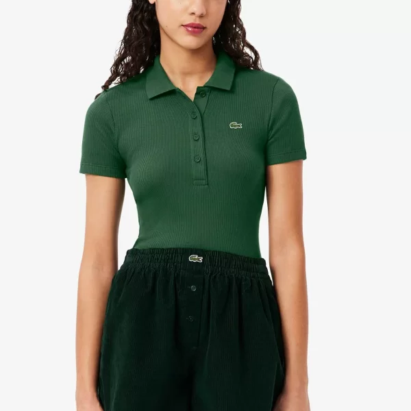 Lacoste γυναικεία μπλούζα πόλο ribbed με κεντημένο λογότυπο Slim Fit - DF5377 Πράσινο Σκούρο