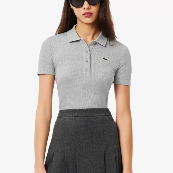 Lacoste γυναικεία μπλούζα πόλο ribbed με κεντημένο λογότυπο Slim Fit - DF5377 Γκρι