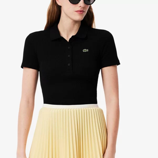 Lacoste γυναικεία μπλούζα πόλο ribbed με κεντημένο λογότυπο Slim Fit - DF5377 Μαύρο