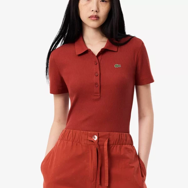 Lacoste γυναικεία μπλούζα πόλο ribbed με κεντημένο λογότυπο Slim Fit - DF5377 Κεραμιδί
