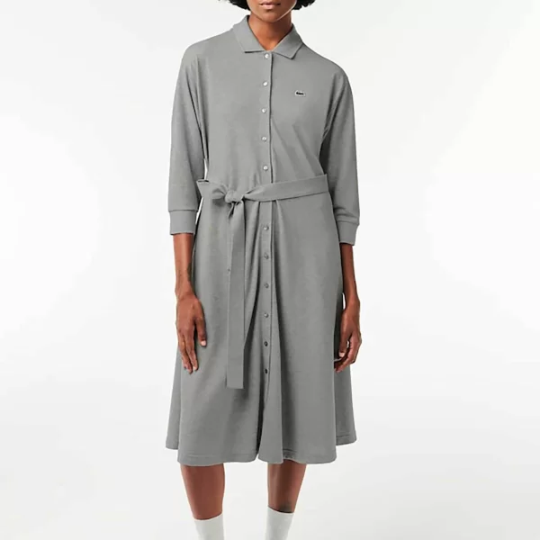 Lacoste γυναικείο midi φόρεμα σεμιζιέ πικέ μονόχρωμο με 3/4 μανίκι και κεντημένο λογότυπο - EF0850 Γκρι