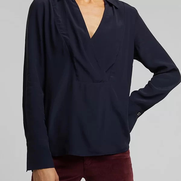 Esprit Esprit γυναικεία μπλούζα μονόχρωμη με V λαιμόκοψη - 100EO1F303 Σκούρο Μπλε