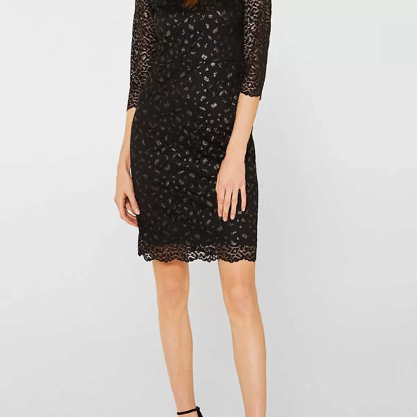Esprit γυναικείο φόρεμα δαντελωτό με λεοπάρ όψη - 119EO1E024 Μαύρο
