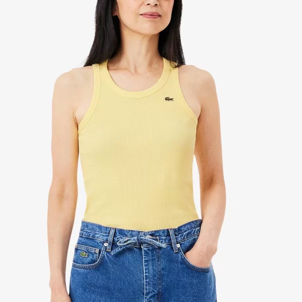 Lacoste γυναικεία μπλούζα αμάνικη ribbed με κεντημένο λογότυπο Slim Fit - TF5388 Κίτρινο Ανοιχτό