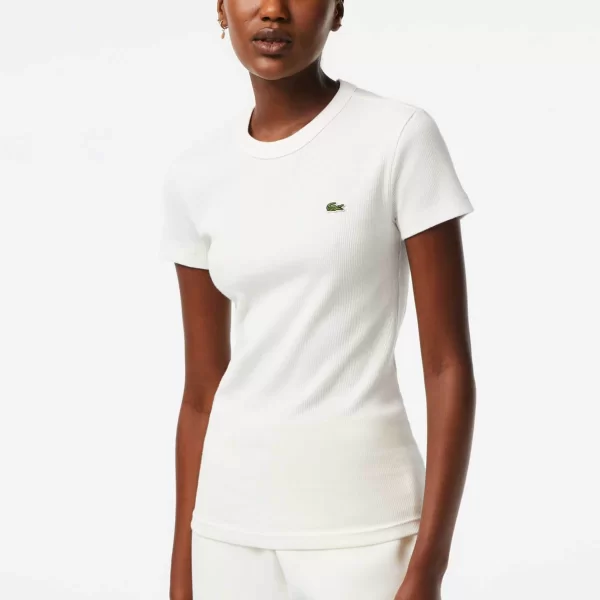 Lacoste Lacoste γυναικείο T-shirt ribbed με κεντημένο λογότυπο Slim Fit - TF5538 Λευκό