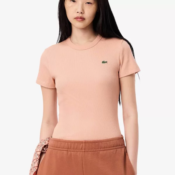 Lacoste γυναικείο T-shirt ribbed με κεντημένο λογότυπο Slim Fit - TF5538 Καφέ Latte