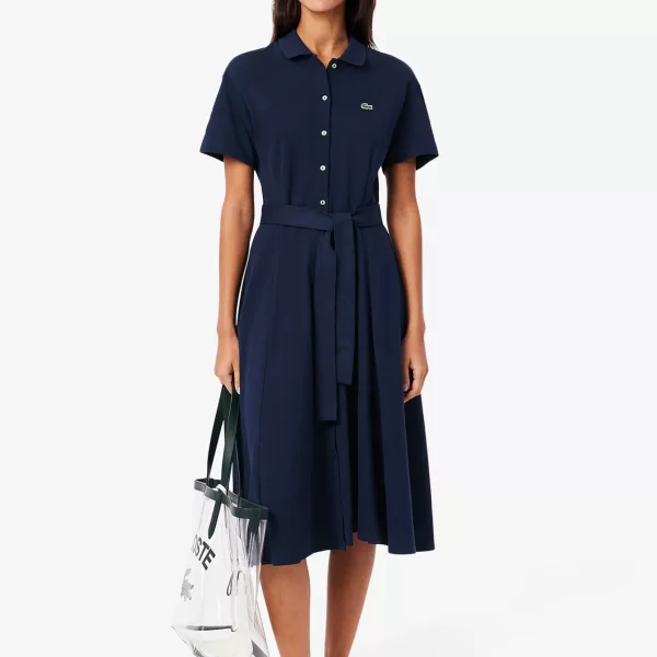 Lacoste γυναικείο midi φόρεμα πόλο σεμιζιέ πικέ με κεντημένο λογότυπο Flared Cut - EF9621-00 Μπλε Σκούρο