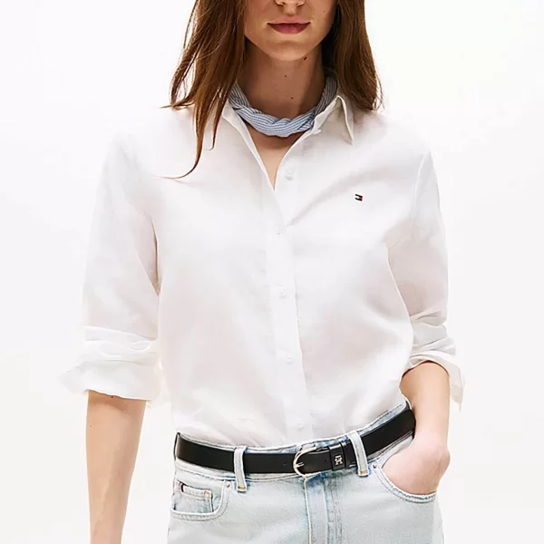 Tommy Hilfiger γυναικείο πουκάμισο μονόχρωμο με λογότυπο στο στήθος - WW0WW44679 Λευκό