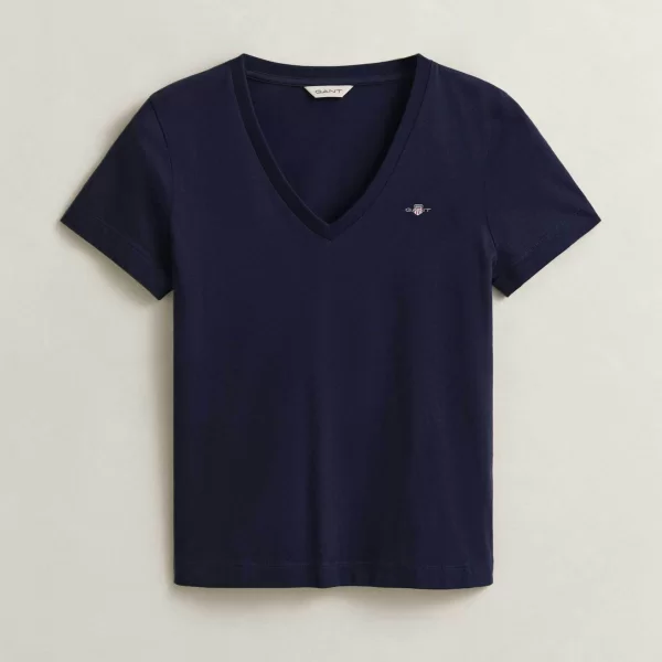 Gant γυναικείο T-shirt με V και κεντημένο λογότυπο Regular Fit - 4200750 Μπλε Σκούρο