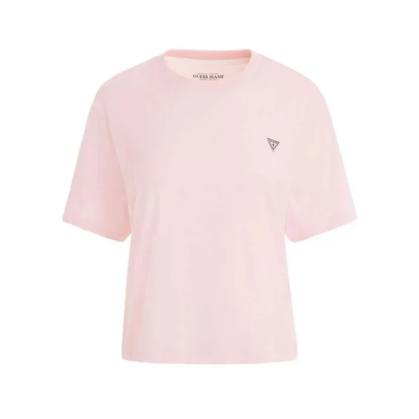 Guess γυναικείο T-shirt με τριγωνικό λογότυπο στο στήθος Boxy Fit - W4YI05K8HM0 Ροζ