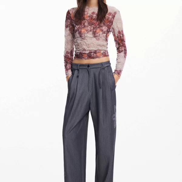 Desigual γυναικείο παντελόνι μονόχρωμο με ασορτί ζώνη Straight Fit - 24WWPW20 Γκρι