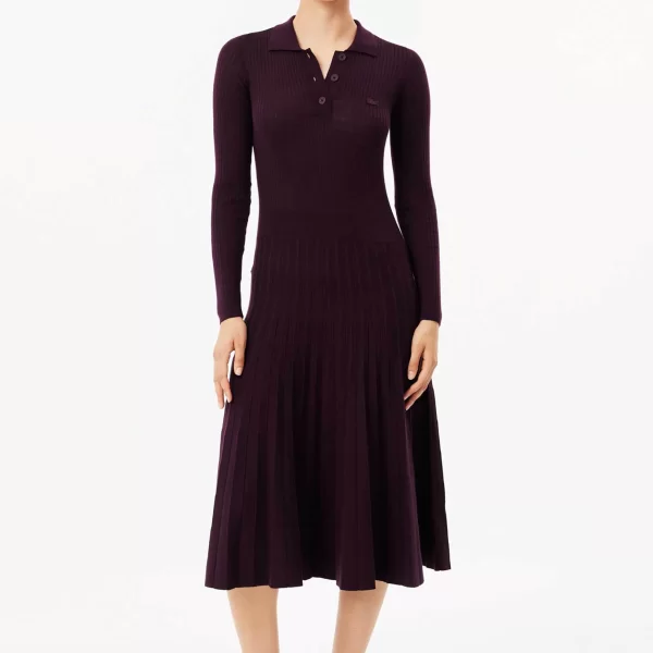 Lacoste γυναικείο μάλλινο midi φόρεμα ribbed με κεντημένο tone-on-tone λογότυπο - EF2612-00 Μπορντό