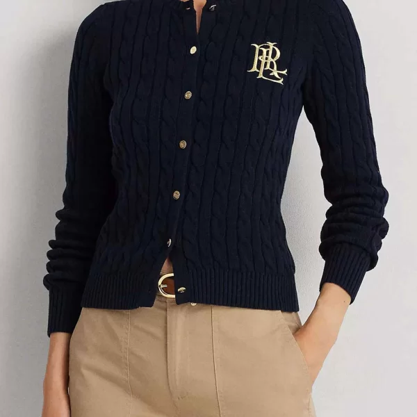 Lauren Ralph Lauren γυναικεία πλεκτή ζακέτα με cable knit pattern και κεντημένο λογότυπο Slim Fit - 200932225002 Μπλε Σκούρο