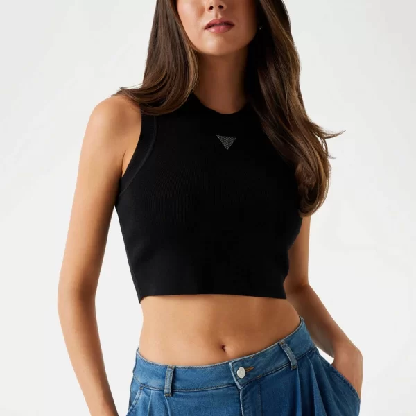 Guess γυναικείο αμάνικο τοπ cropped Slim Fit - W4GZ34Z3F40 Μαύρο