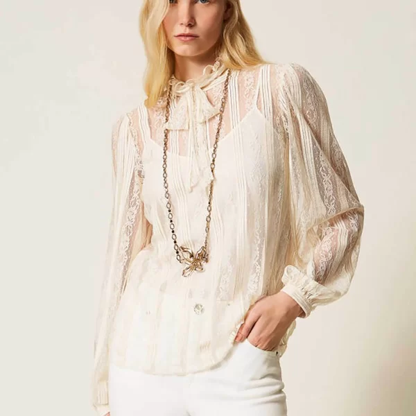 Twinset γυναικεία μπλούζα δαντέλα με φιόγκο - 261TP2541 Εκρού