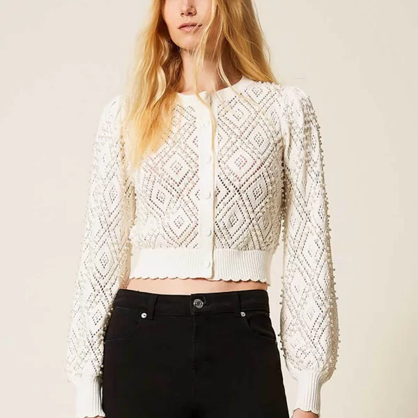 TWINSET Twinset γυναικεία πλεκτή ζακέτα με διάτρητο σχέδιο - 261TP3203 Εκρού
