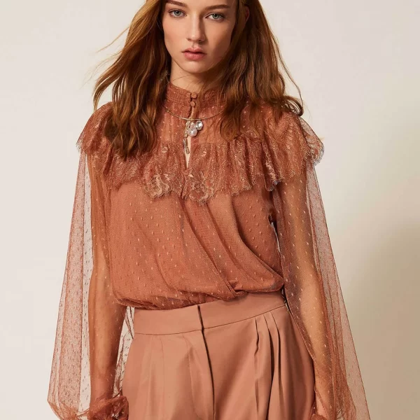 TWINSET Twinset γυναικεία μπλούζα από τούλι με φιόγκο - 261TP2772 Κεραμιδί