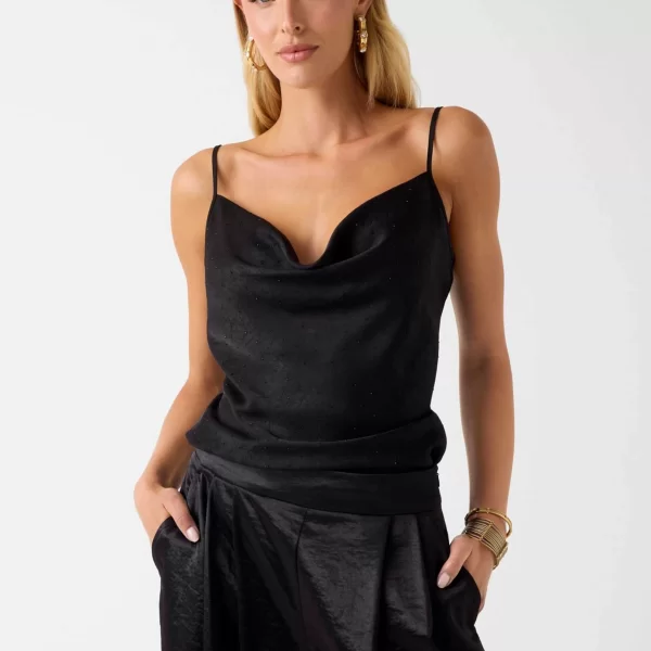 Guess γυναικείο αμάνικο τοπ με σατέν υφή και στρας Slim Fit - W6RH55WJ732 Μαύρο