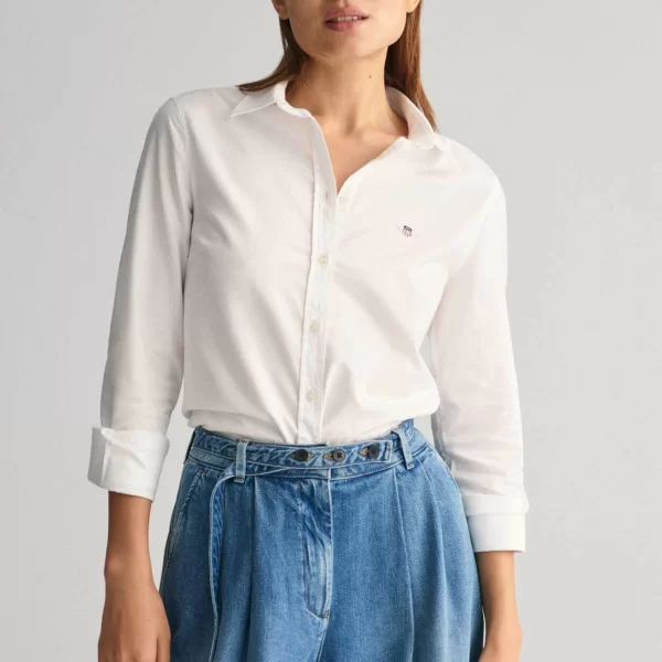 Gant γυναικείο βαμβακερό πουκάμισο μονόχρωμο με κεντημένο λογότυπο - 4300141 Λευκό