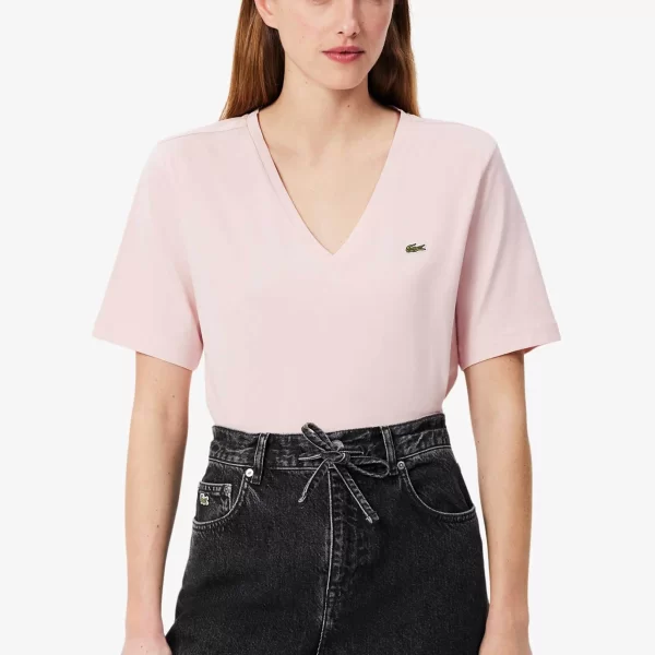 Lacoste Lacoste γυναικείο T-shirt με κεντημένο λογότυπο και V λαιμόκοψη Relaxed Fit - TF7300 Ροζ Ανοιχτό